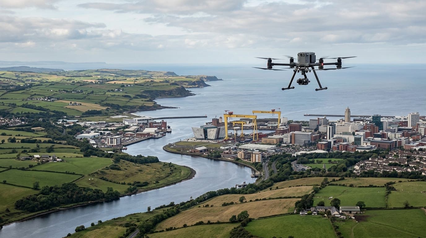 Aerial view over Belfast and Antrim