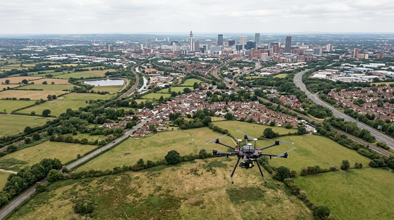 Aerial view over Birmingham and West Midlands