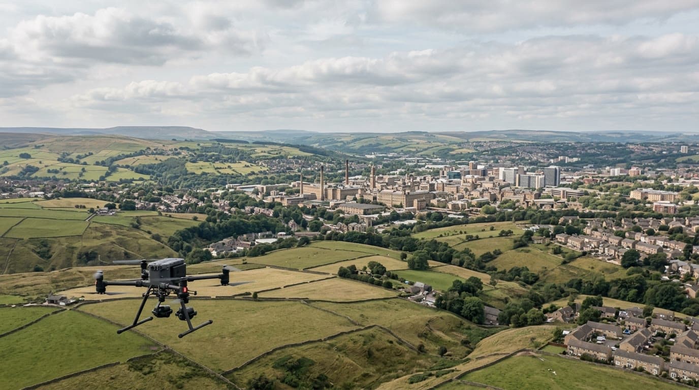 Aerial view over Bradford and West Yorkshire