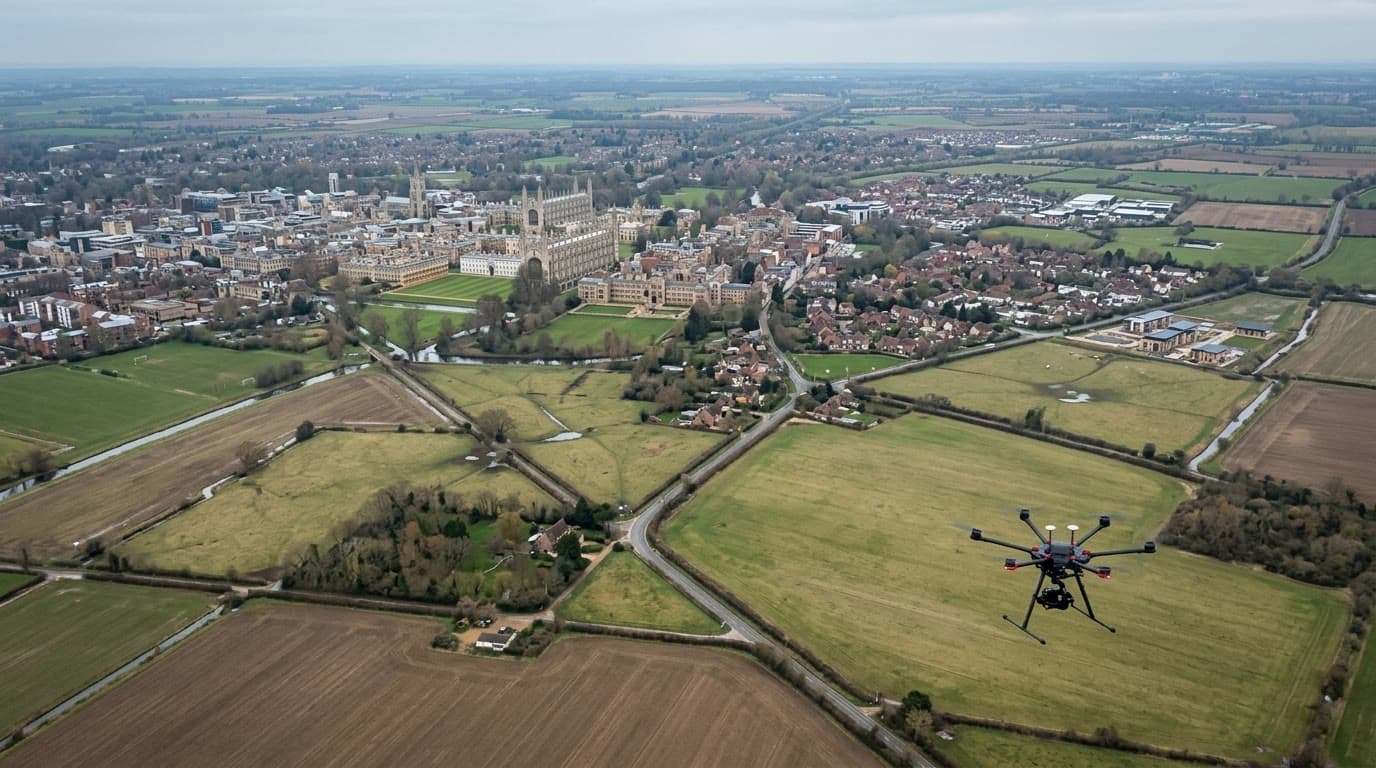 Aerial view over Cambridgeshire and Cambridge