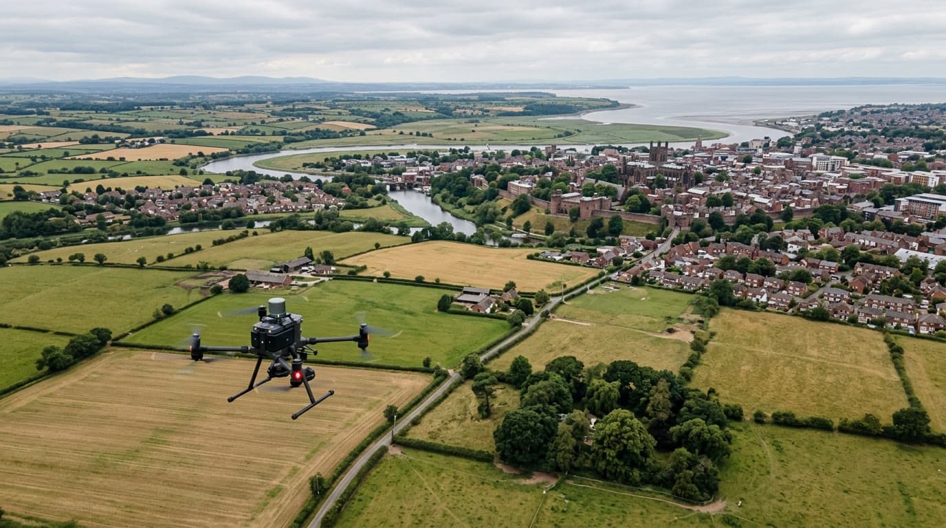 Aerial view over Cheshire and Chester