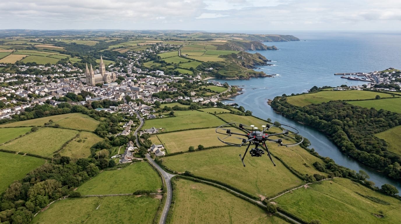 Aerial view over Cornwall and Truro