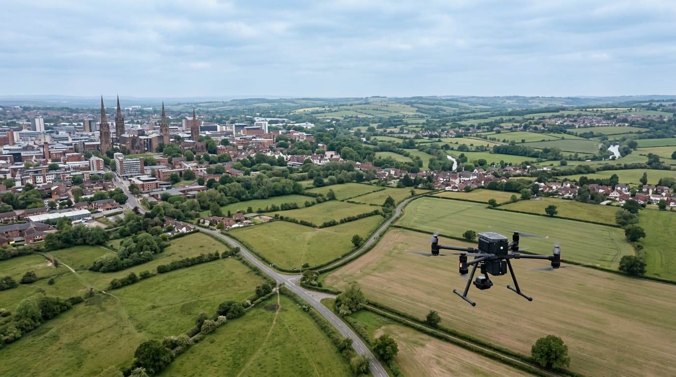 Aerial view over Coventry and Warwickshire