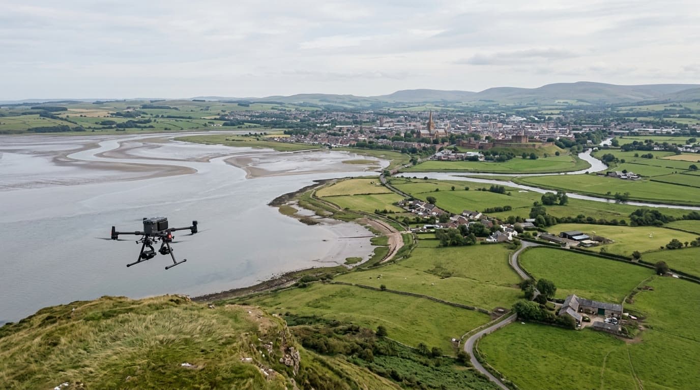 Aerial view over Cumbria and Carlisle