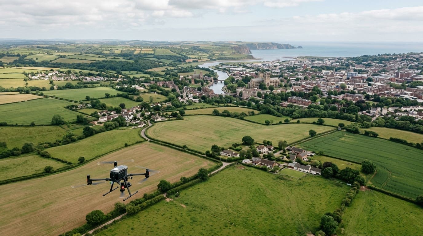 Aerial view over Devon and Exeter