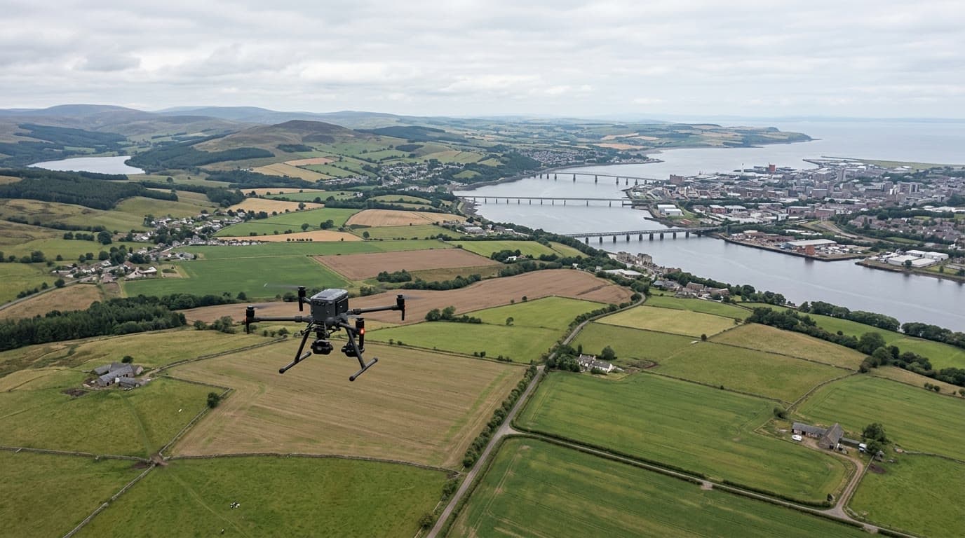 Aerial view over Dundee and Angus