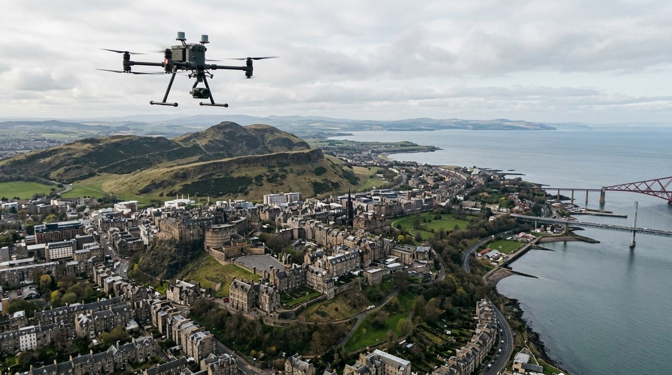 Aerial view over Edinburgh and Lothian