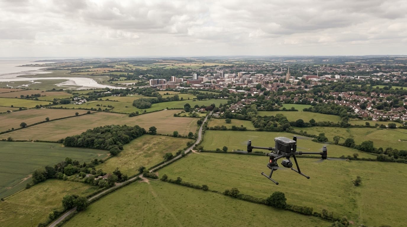 Aerial view over Essex and Chelmsford