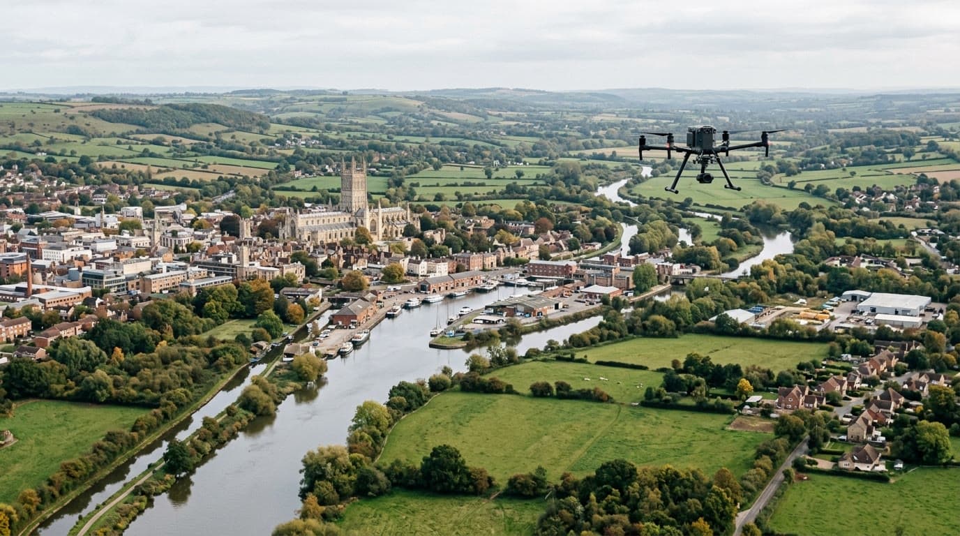 Aerial view over Gloucestershire and Gloucester