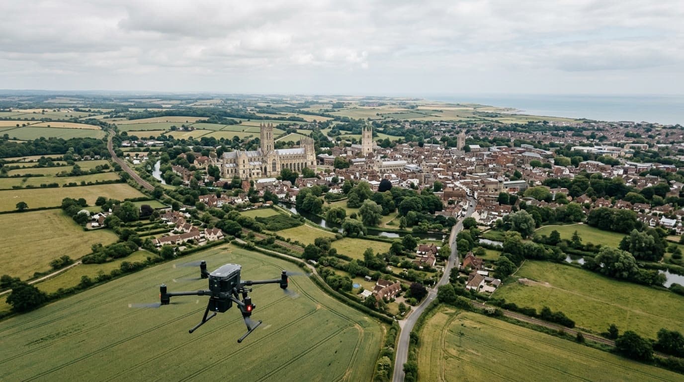 Aerial view over Kent and Canterbury