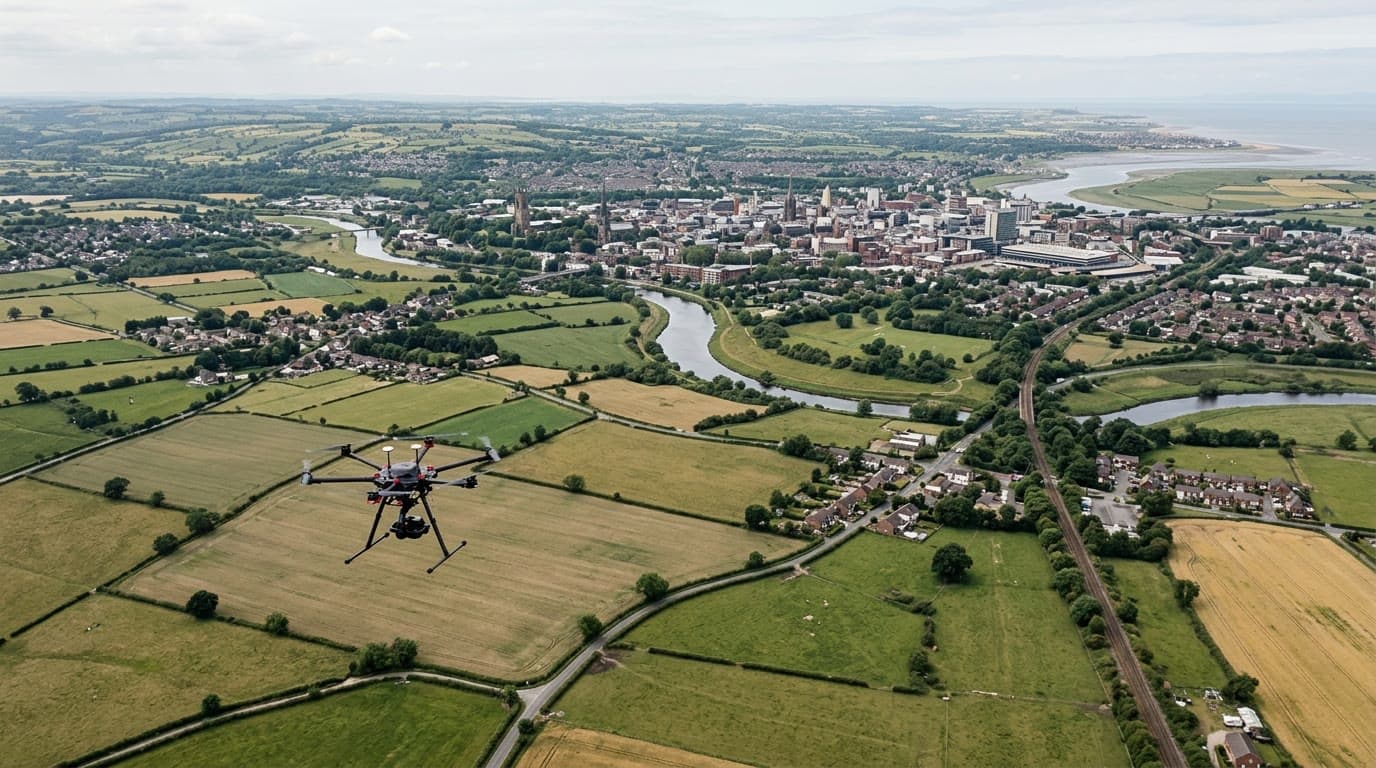 Aerial view over Lancashire and Preston