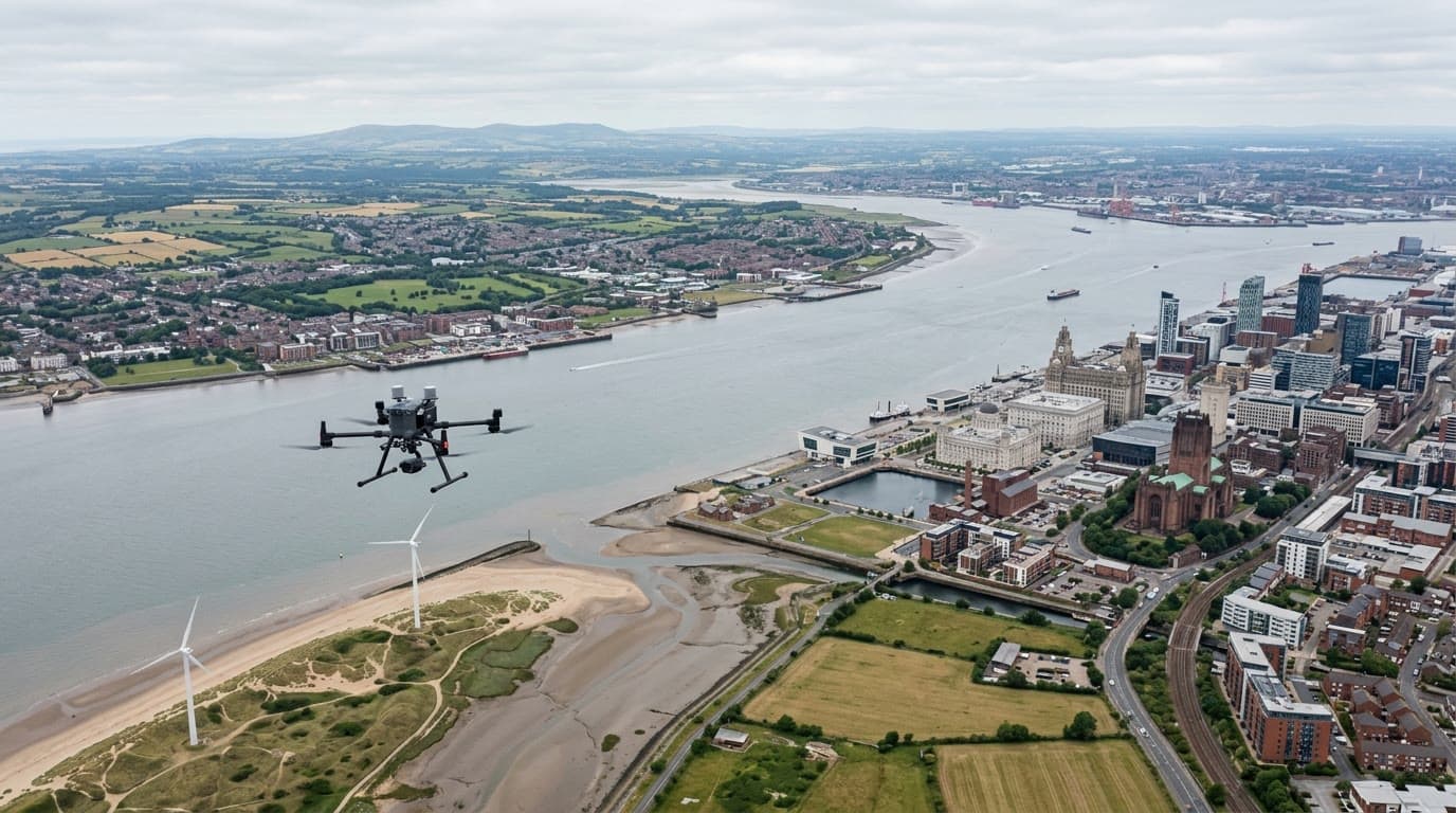 Aerial view over Liverpool and Merseyside