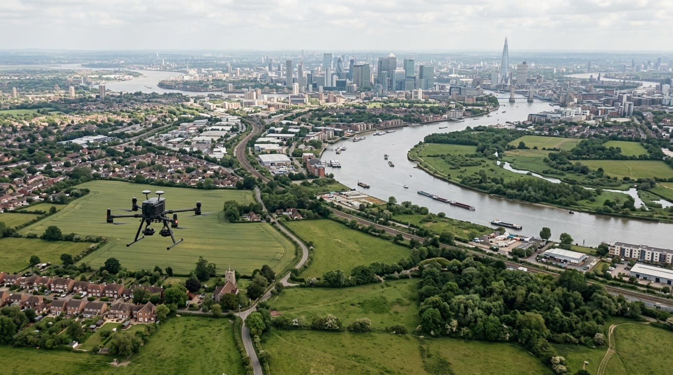 Aerial view over London and Greater London