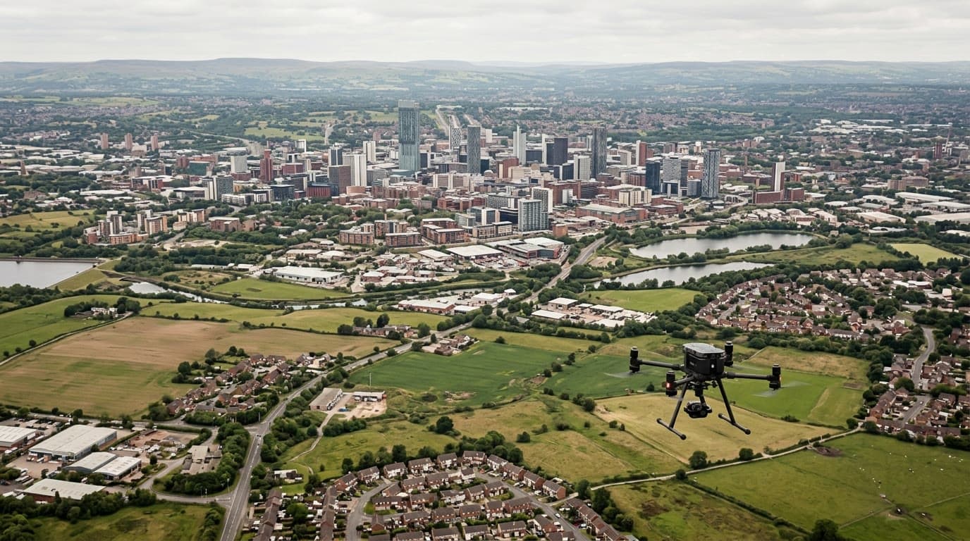 Aerial view over Manchester and Greater Manchester