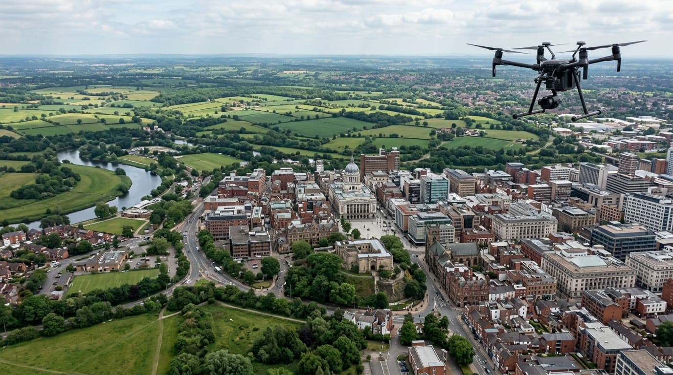 Aerial view over Nottingham and Nottinghamshire