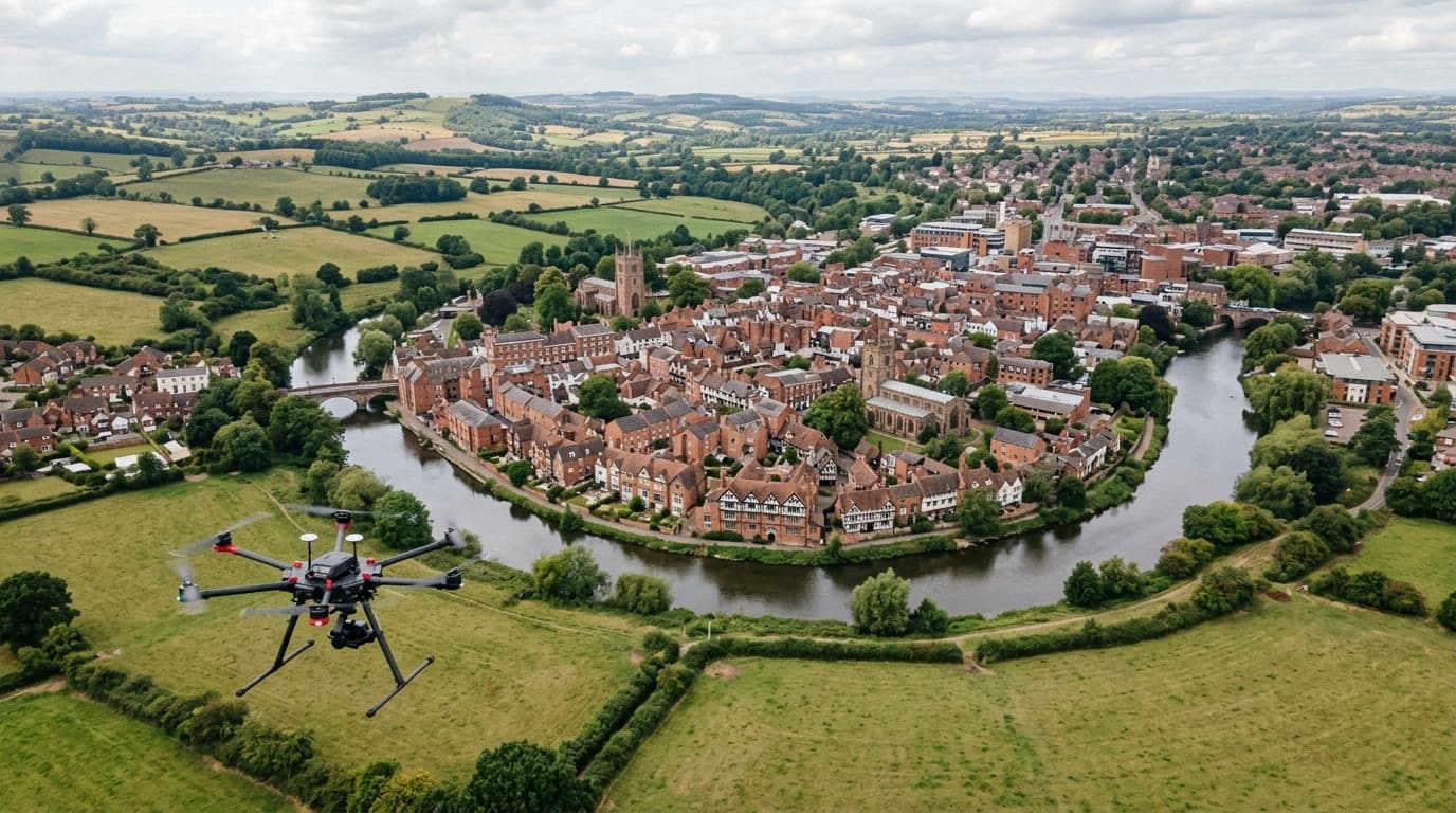 Aerial view over Shropshire and Shrewsbury