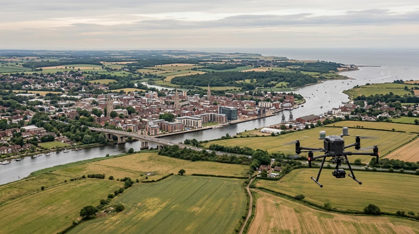 Aerial view over Suffolk and Ipswich