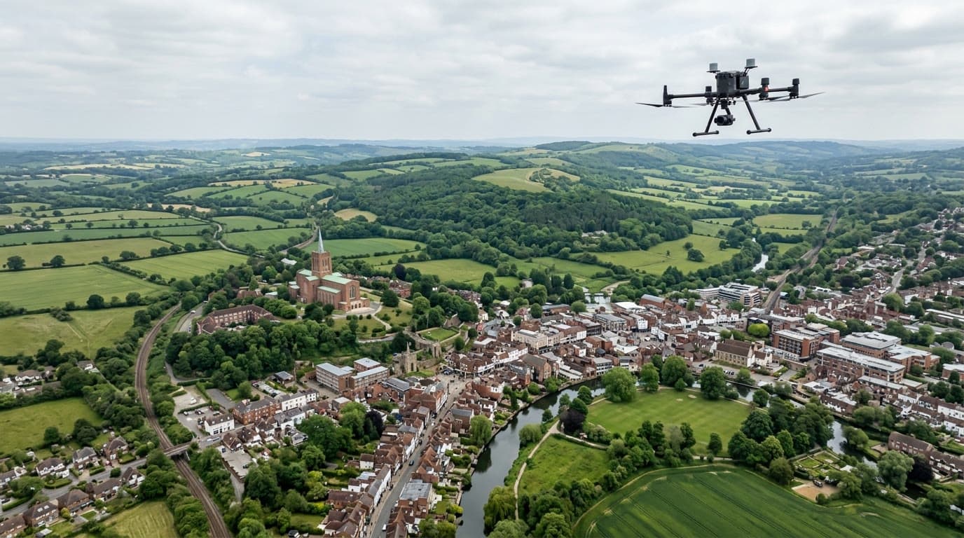 Aerial view over Surrey and Guildford