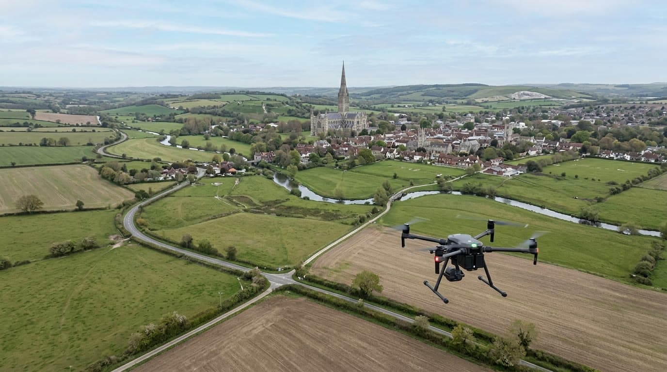Aerial view over Wiltshire and Salisbury