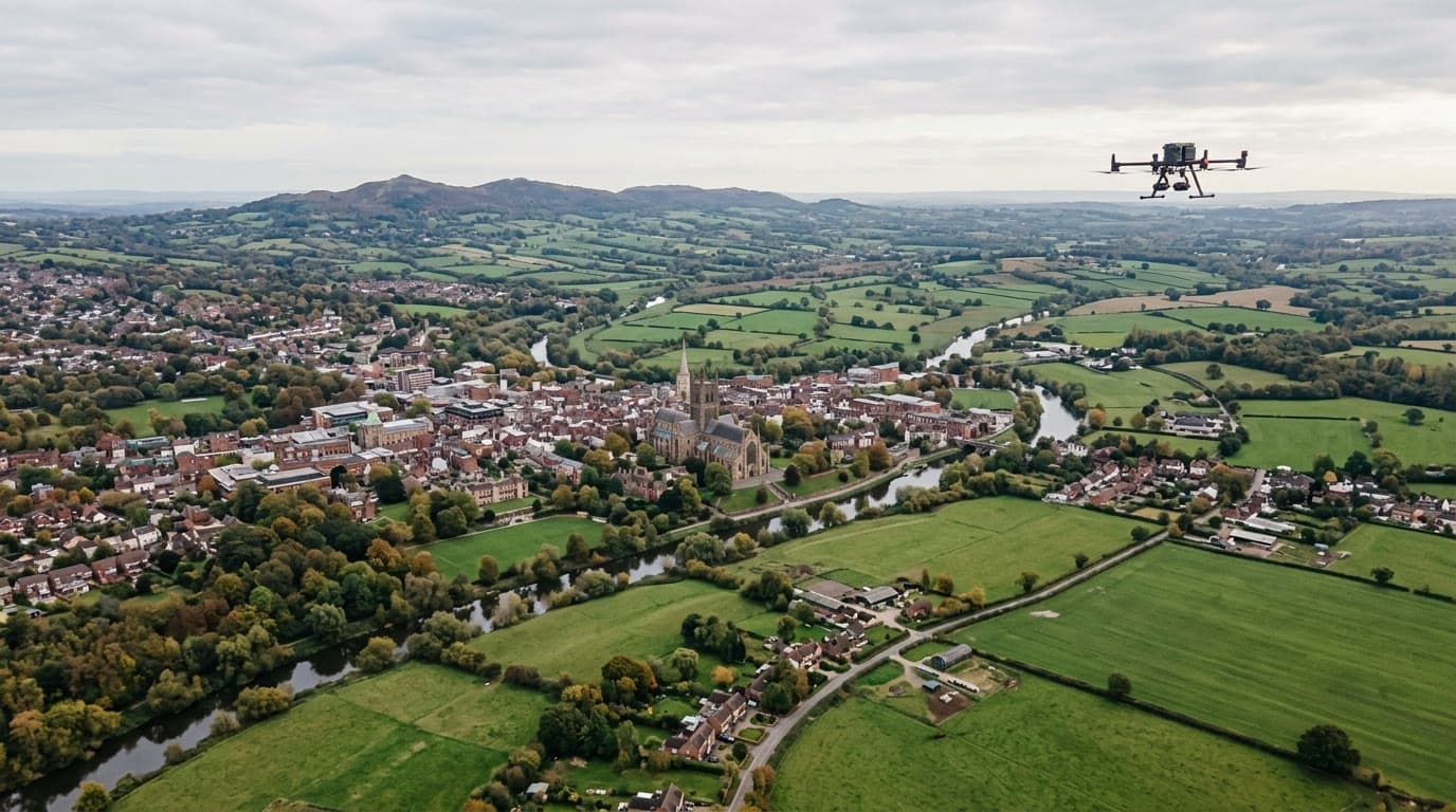 Aerial view over Worcestershire and Worcester